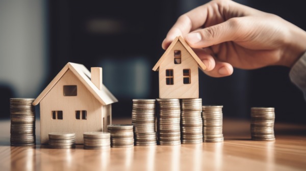 A photo of containing prototype of house sitting on top of coins, showing equity release