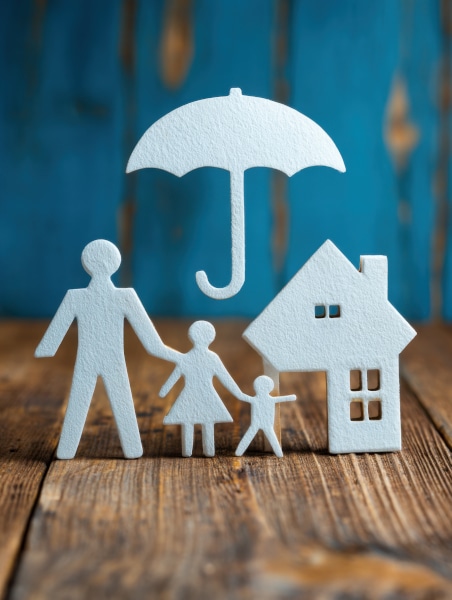 Image showing an umbrella sheltering cutouts of a family and a house sitting on a wooden table to indicate the importance of estate planning