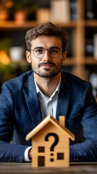 Man sitting with a model wooden house in front of him with a question mark printed on it as we ask questions about Home Reports in Scotland