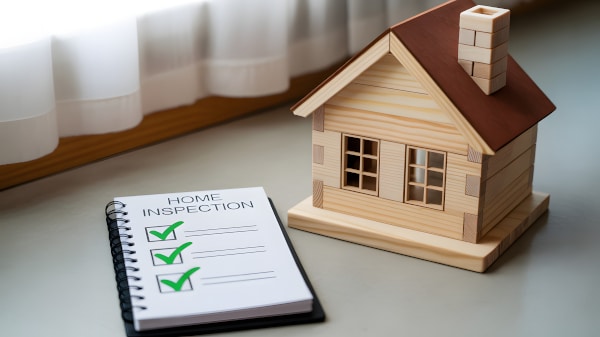 A Notebook opened at a page headed Home INspection with a model wooden house beside it both sitting on a table as we discuss Home Report Scotland
