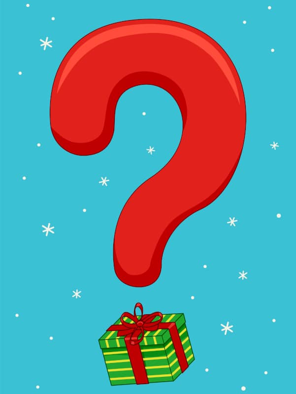 A red question mark with a wrapped present below it forming the dot answering Wills and Powers of Attorney FAQs