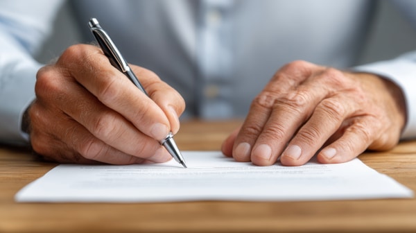 Older person’s hands on a Will document on a wooden desk.