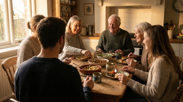 Older parent and adult children talking around a kitchen table about family matters.